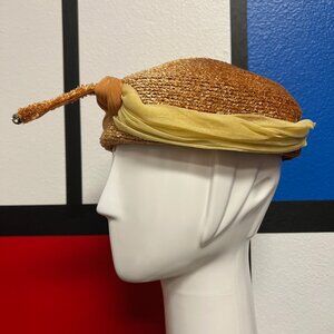 EUC Vintage 1950s Greenlawn Straw Hat with Chiffon and Rhinestone Accents sz 22
